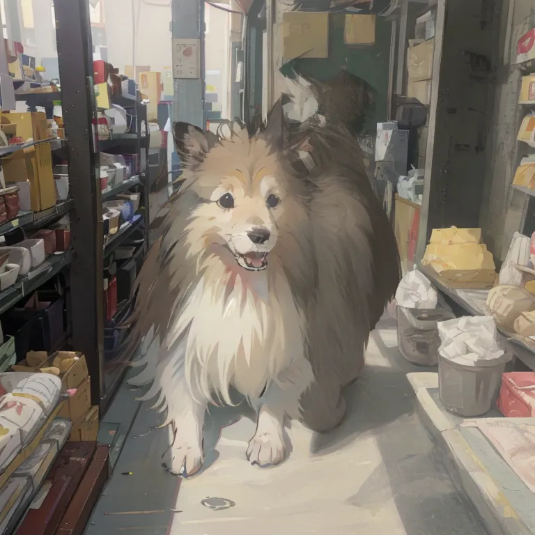 The image shows a happy dog standing in a cluttered storeroom. The dog is a brown and white Sheltie with long fur. It is looking at the camera with a happy expression on its face. The storeroom is full of shelves and boxes. There is a door on the left side of the storeroom and a window on the right side. The floor is made of concrete.