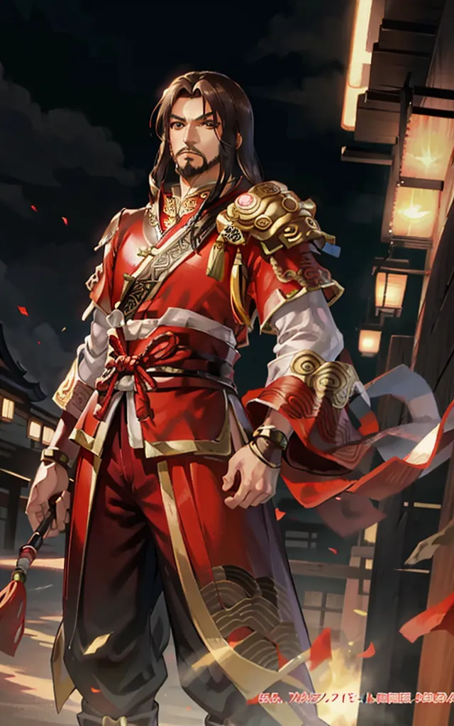 The image shows a man in ancient Chinese clothing. He is wearing a red robe with gold trim and a red and gold hat. He has long brown hair and a beard. He is standing in a street with a building in the background. There are lanterns hanging from the building. The man is holding a sword.