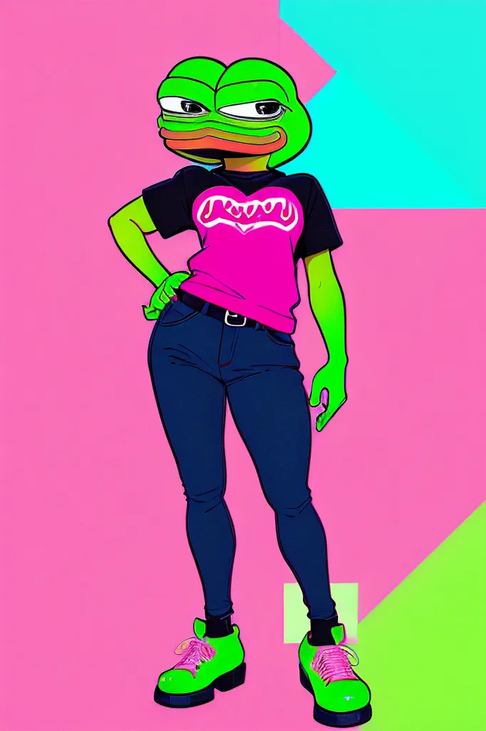The image shows a green frog-like creature standing on a pink background. The frog is wearing a black T-shirt with a pink heart on it, blue jeans, and green shoes. The frog has its hands on its hips and is looking at the viewer with a smug expression on its face. The background is divided into three colors: pink, blue, and green.