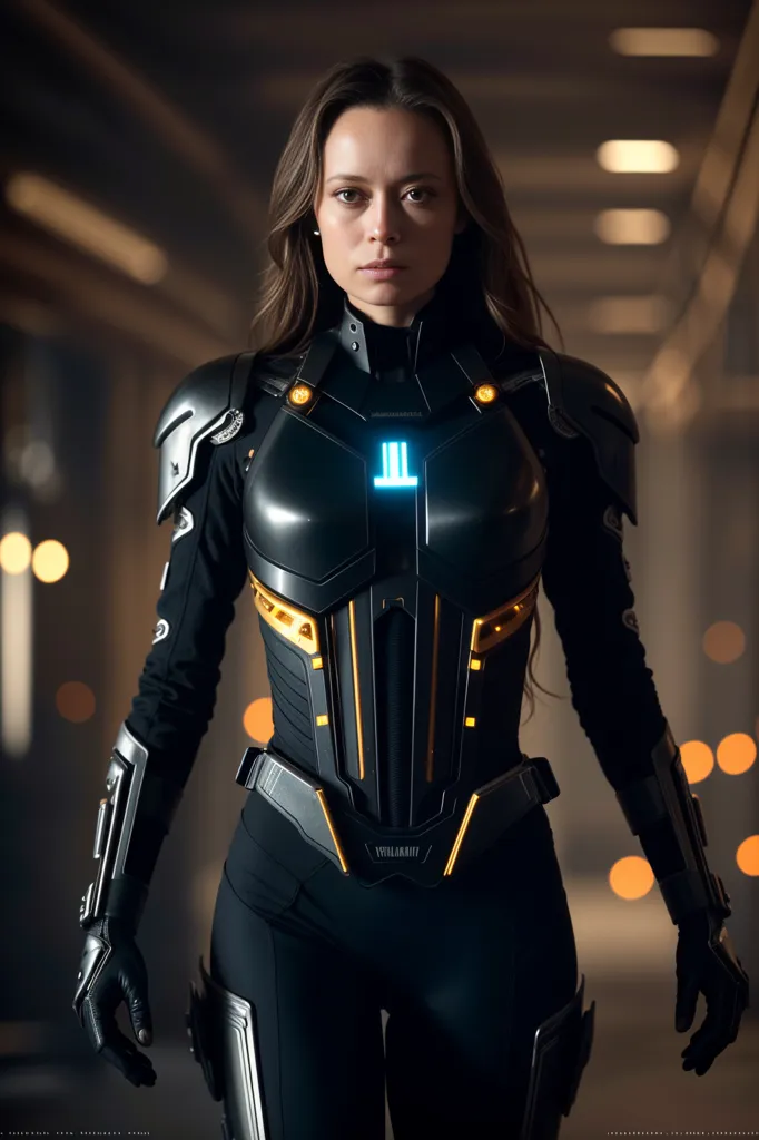 This is an image of a woman wearing a futuristic suit of armor. The armor is black and gold, and it covers her entire body. She is also wearing a helmet that has a visor. The woman is standing in a dark room, and there are lights in the background.