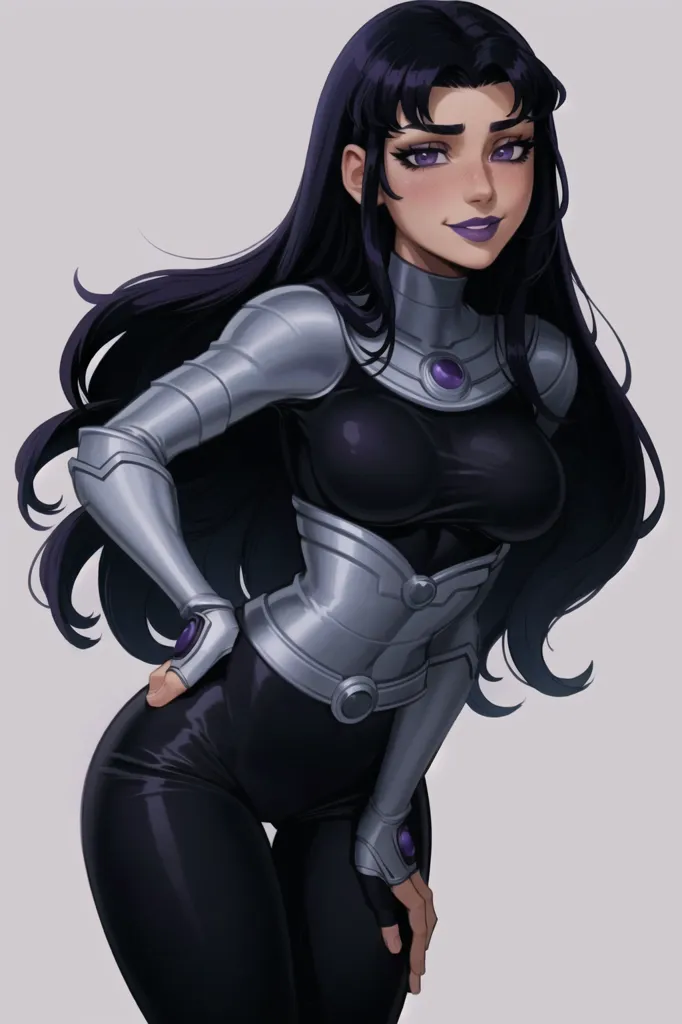 The picture shows a young woman with long black hair and purple eyes. She is wearing a black and silver bodysuit. The woman has a confident expression on her face and is looking at the viewer.