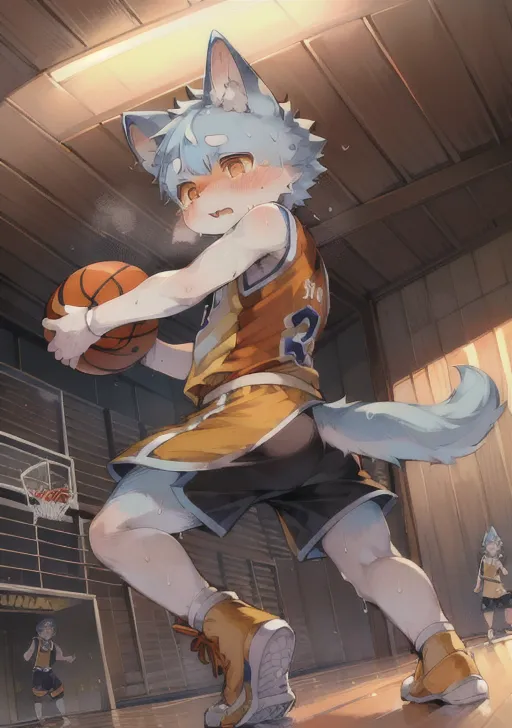 A imagem é de um homem jovem com cabelo azul e orelhas de lobo. Ele está usando um uniforme de basquete e está dribblando uma bola de basquete. Ele está em uma quadra de basquete e há cestas de basquete ao fundo. O homem está suando e parece cansado, mas também está determinado. Ele está claramente focado no jogo e está se esforçando ao máximo para vencer.