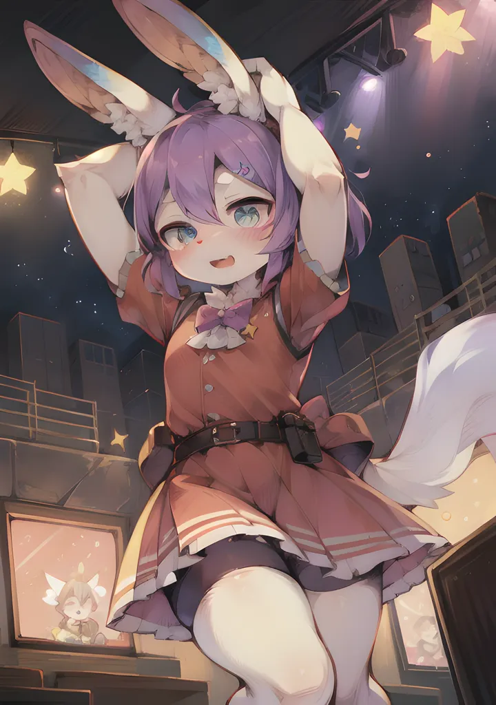 The image is of an anime girl with purple hair and rabbit ears. She is wearing a red and white dress with a brown belt and a white bow. She is also wearing a pair of headphones. She is standing in a city at night. There are buildings and stars in the background. She has a happy expression on her face and she is looking at the viewer.