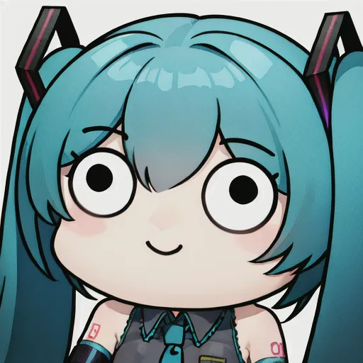 The image is a chibi version of Hatsune Miku, a Japanese Vocaloid software character. She has turquoise hair and pigtails, and she is wearing a black and turquoise outfit. Her eyes are wide open and she has a surprised expression on her face. The image is drawn in a cartoon style, and it is likely that the artist was trying to capture Miku's personality in the image.