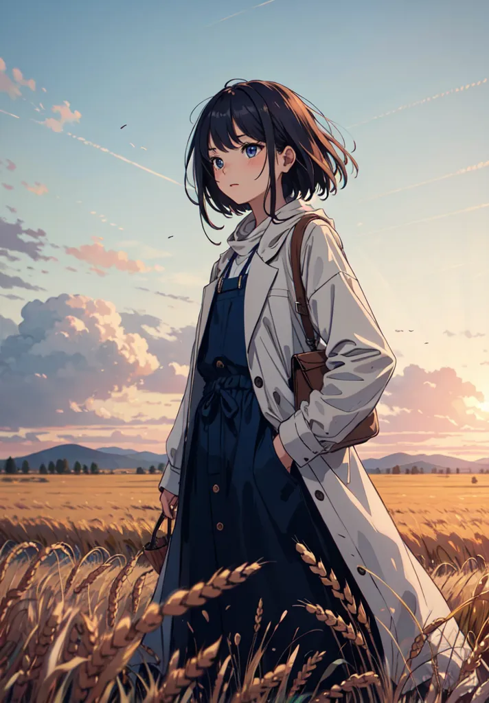 The image is of a young woman standing in a field of wheat. She is wearing a blue dress with a white collar and a long white coat. She has a brown bag slung over her shoulder and is holding a book in her hands. Her hair is short and dark, and her eyes are blue. She is looking off into the distance, and there is a pensive expression on her face. The sun is setting, and the sky is a gradient of orange and yellow. The wheat field is golden, and the stalks of wheat are tall and waving in the breeze. There are trees and hills in the distance. The image is peaceful and serene, and it captures the beauty of the natural world.