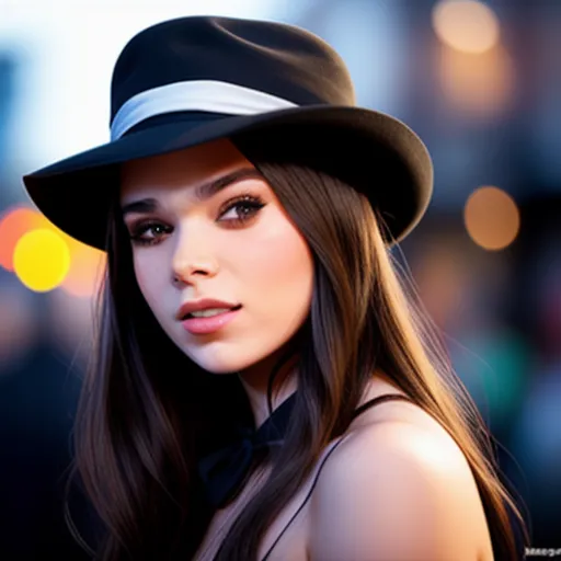 A young woman is wearing a black hat with a white ribbon. She has long, dark hair and brown eyes. She is wearing a black dress with a white collar. She has a serious expression on her face. She is standing in front of a blurred background of city lights.