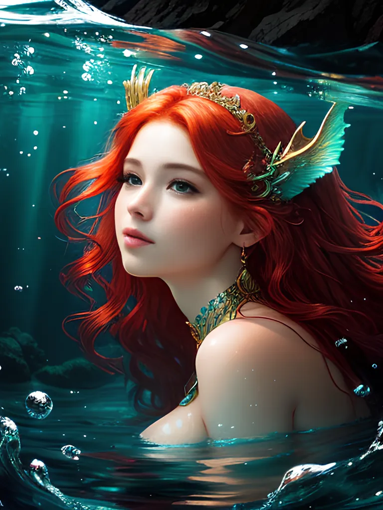 L'image est une peinture d'une sirène aux longs cheveux rouges et aux yeux verts. Elle porte une couronne et un collier dorés. La sirène nage dans une mer bleue. L'eau est claire et on peut voir la lumière du soleil qui la traverse. La sirène regarde le spectateur avec une expression sereine sur son visage.