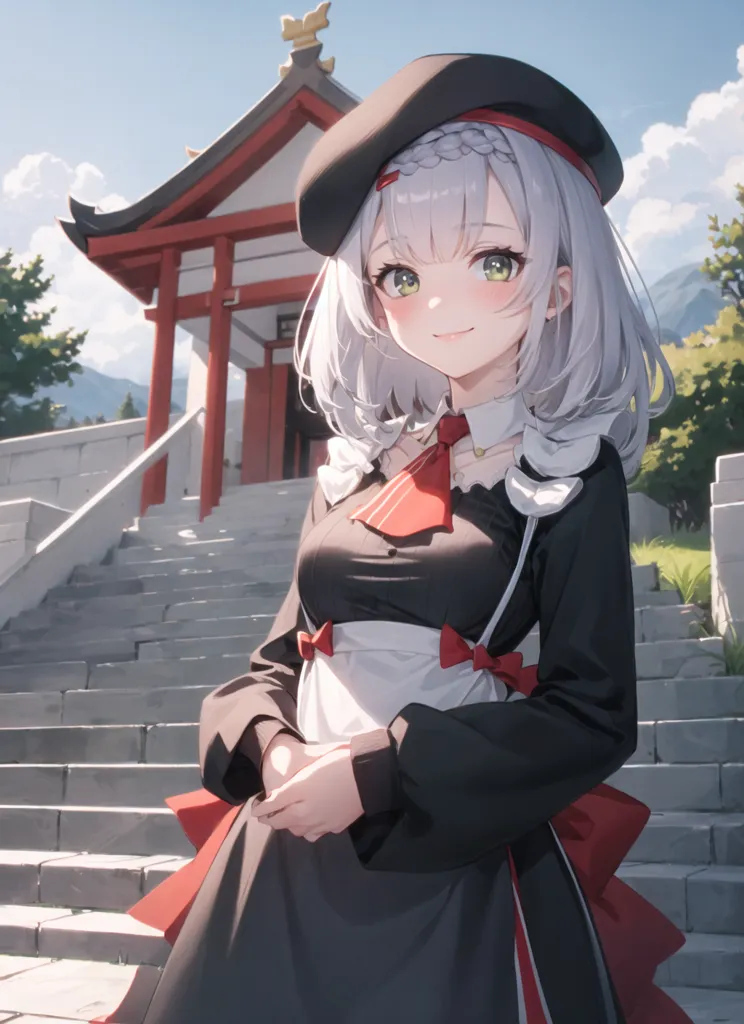 The image shows an anime-style girl with white hair and green eyes. She is wearing a black beret, a black dress with a white collar, and a red apron. She is standing in front of a Japanese shrine. The shrine is made of wood and has a red roof. There are trees and mountains in the background. The girl is smiling and has her hands clasped in front of her.