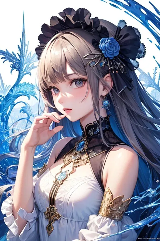 Esta é uma imagem de uma garota em estilo anime com cabelos longos e prateados e olhos azuis. Ela está usando um vestido branco com uma faixa azul e tem uma flor azul no cabelo. Ela está em pé em frente a um fundo branco com energia fluida semelhante a água azul ao redor dela.