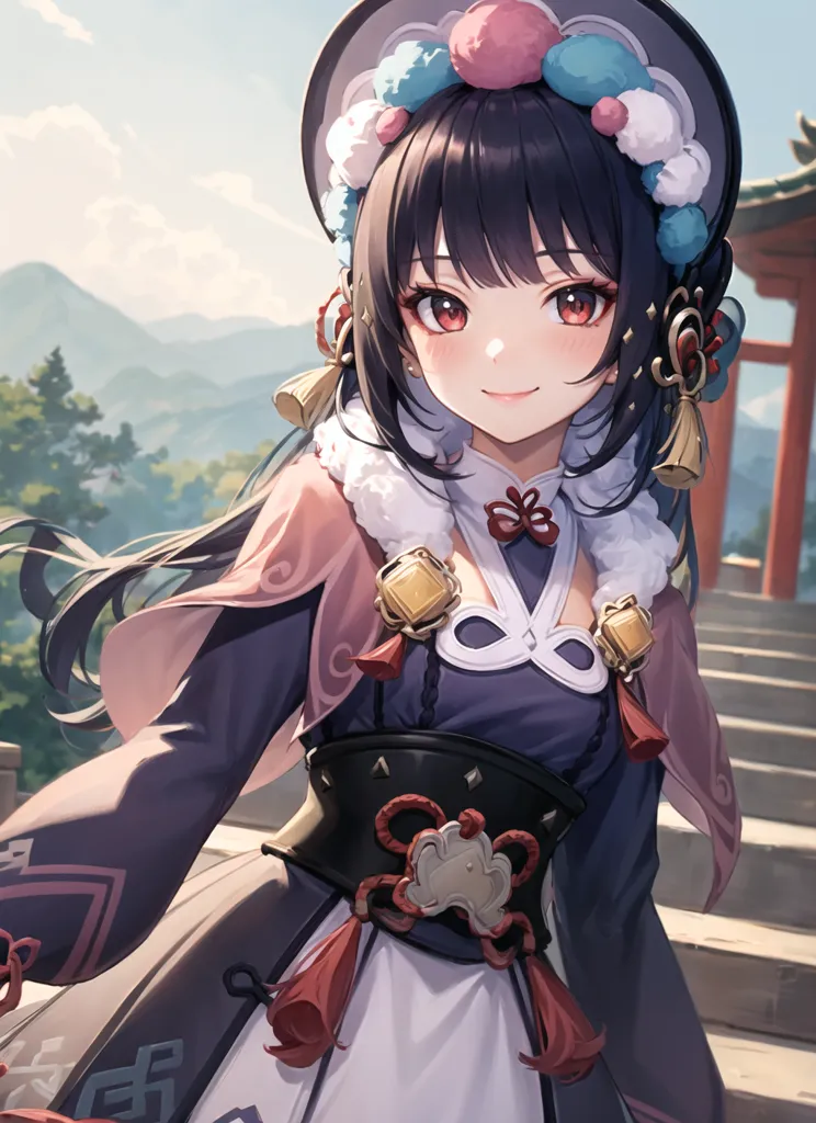 The image is of a young girl with long black hair and red eyes. She is wearing a traditional Chinese dress with a white top and purple skirt. She has a pink and blue hat on her head and is smiling at the viewer. She is standing in a scenic location with mountains in the background.