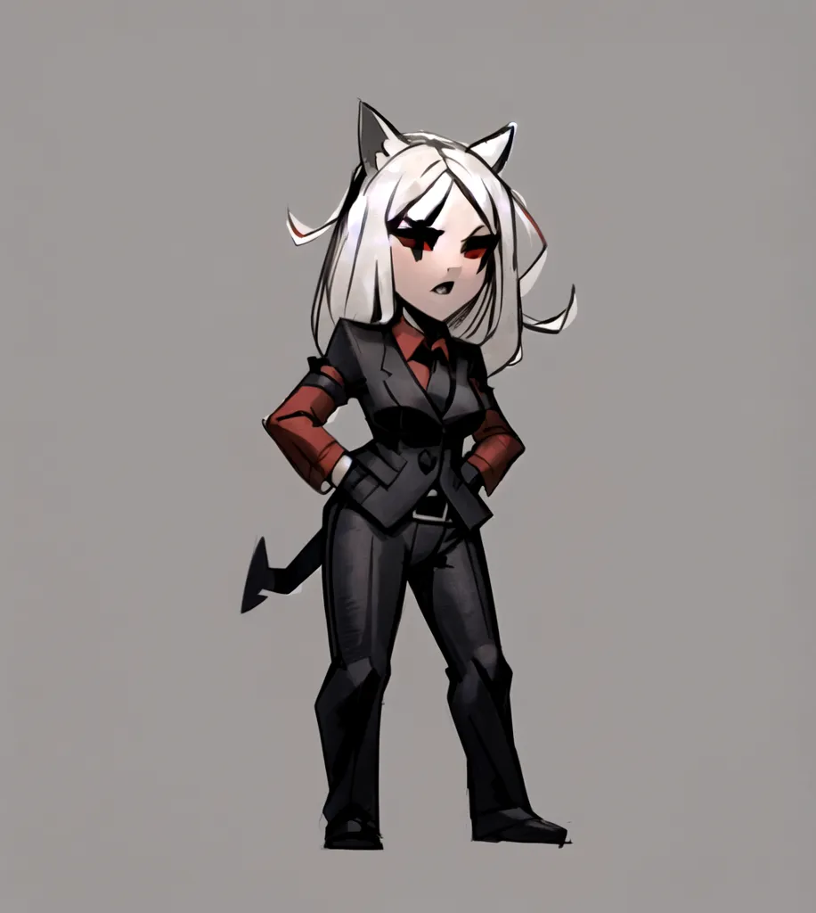 The image is of a chibi version of the character "Moxxie" from the animated television series "Helluva Boss". Moxxie is a small, imp-like demon with white hair, red eyes, and a black suit. He is standing with his hands on his hips and has a confident expression on his face. His tail is sticking straight up in the air.