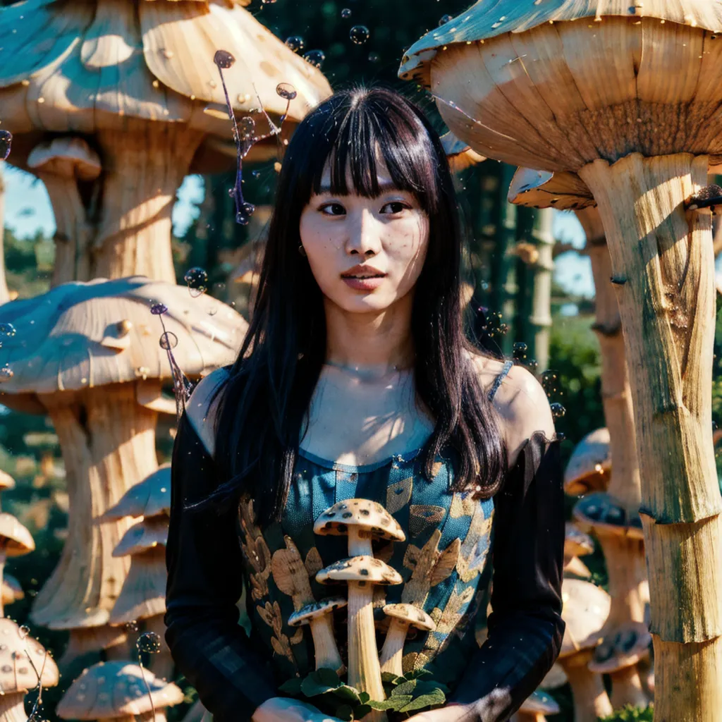 The photo shows a young woman standing in a forest of giant mushrooms. The woman is wearing a black dress with a mushroom-themed pattern. She has long black hair and a serene expression on her face. The mushrooms are all different shapes and sizes, and they are all very detailed. The forest is dark and mysterious, and it seems like something out of a fairy tale.