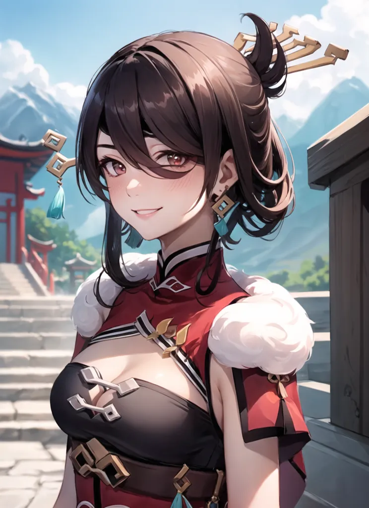 The image is a portrait of a young woman with brown hair and brown eyes. She is wearing a red and black cheongsam-style dress with a white fur collar. There are two buns in her hair and she is wearing a hairpin with blue and gold accents. She is standing in a Chinese-style courtyard with a red gate in the background.