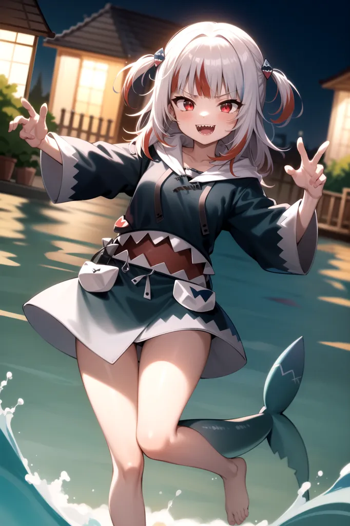 The image is of a young woman with white hair and red eyes. She is wearing a blue and white striped shirt, a gray skirt, and a shark tail. She is standing in a pool of water, and she has a happy expression on her face. The background of the image is a house.