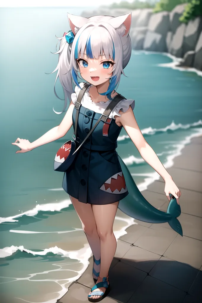 The image is of an anime-style girl with white and blue hair. She is wearing a blue dress with a white collar and a shark tooth pattern on the skirt. She is also wearing a brown belt with a shark tooth buckle and a blue and white striped bag over her shoulder. She has blue eyes and a shark tooth necklace. She is standing on a stone slab near the ocean, smiling at the viewer.