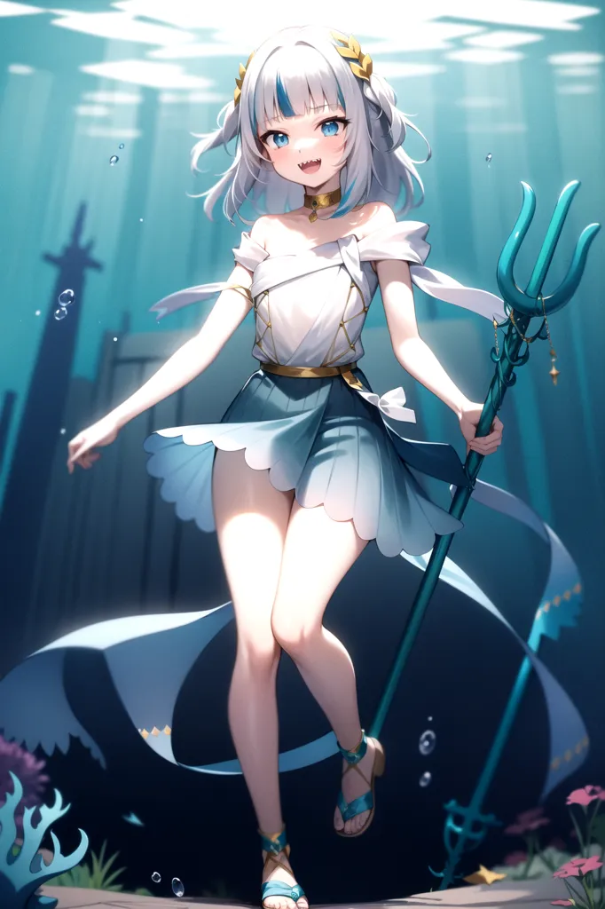 The image is of an anime-style girl with white hair and blue eyes. She is wearing a white and blue dress with a gold belt and a gold necklace. She is also holding a blue trident. She is standing in a blue ocean with a coral reef in the background.