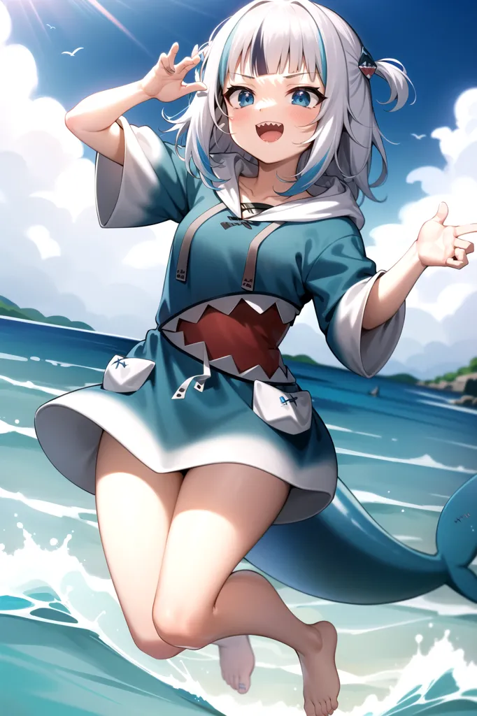 The image is of an anime-style girl with white hair and blue eyes. She is wearing a blue and white shark-themed outfit and is standing on a beach. The background is of the ocean and sky, with a few clouds in the sky. The girl is smiling and has her mouth open, and she is pointing at something off-screen with her right hand.