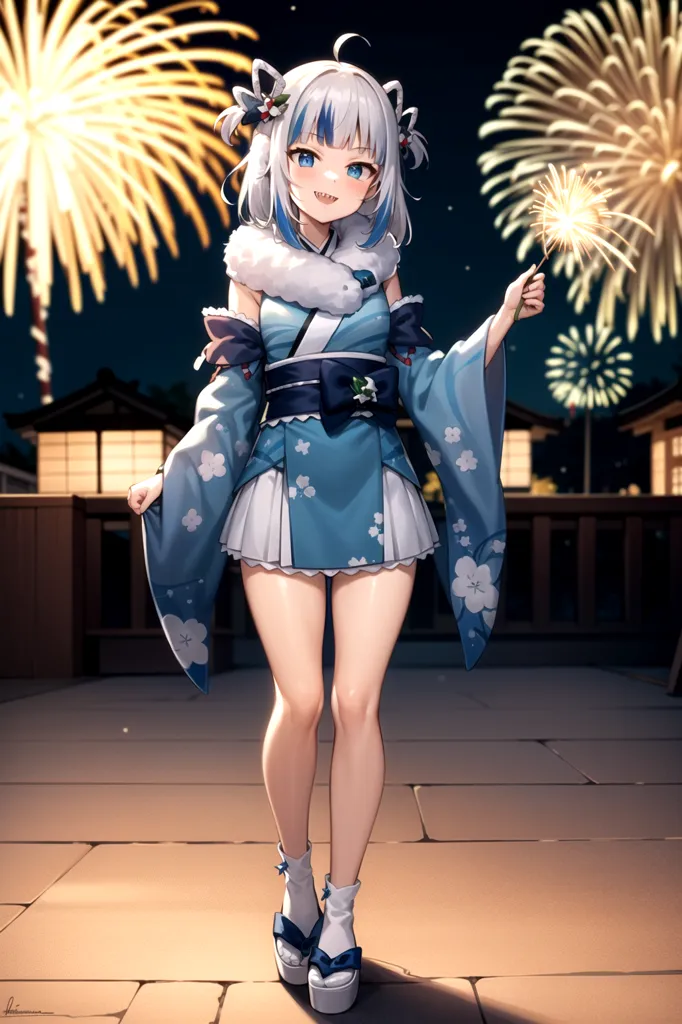 Ceci est une image d'une fille de style anime aux cheveux blancs et aux yeux bleus. Elle porte un kimono bleu et blanc avec un obi blanc et un col en fourrure. Elle porte également des chaussettes blanches et des sandales geta. Elle tient un sparkler dans sa main droite et il y a des feux d'artifice en arrière-plan. L'arrière-plan est un ciel nocturne avec une maison de style japonais.