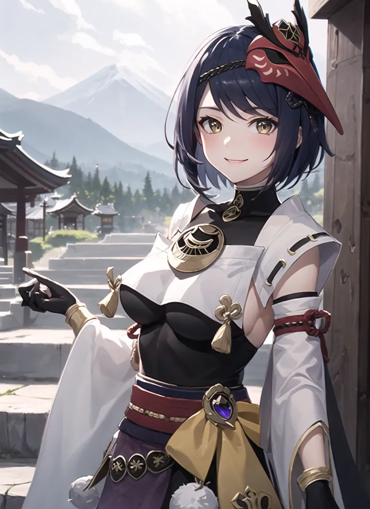 The image is of a young woman with short blue hair and yellow eyes. She is wearing a black and white kimono with a red and white obi. She has a fox mask on her head and is carrying a naginata. She is standing in a forest with a mountain in the background.