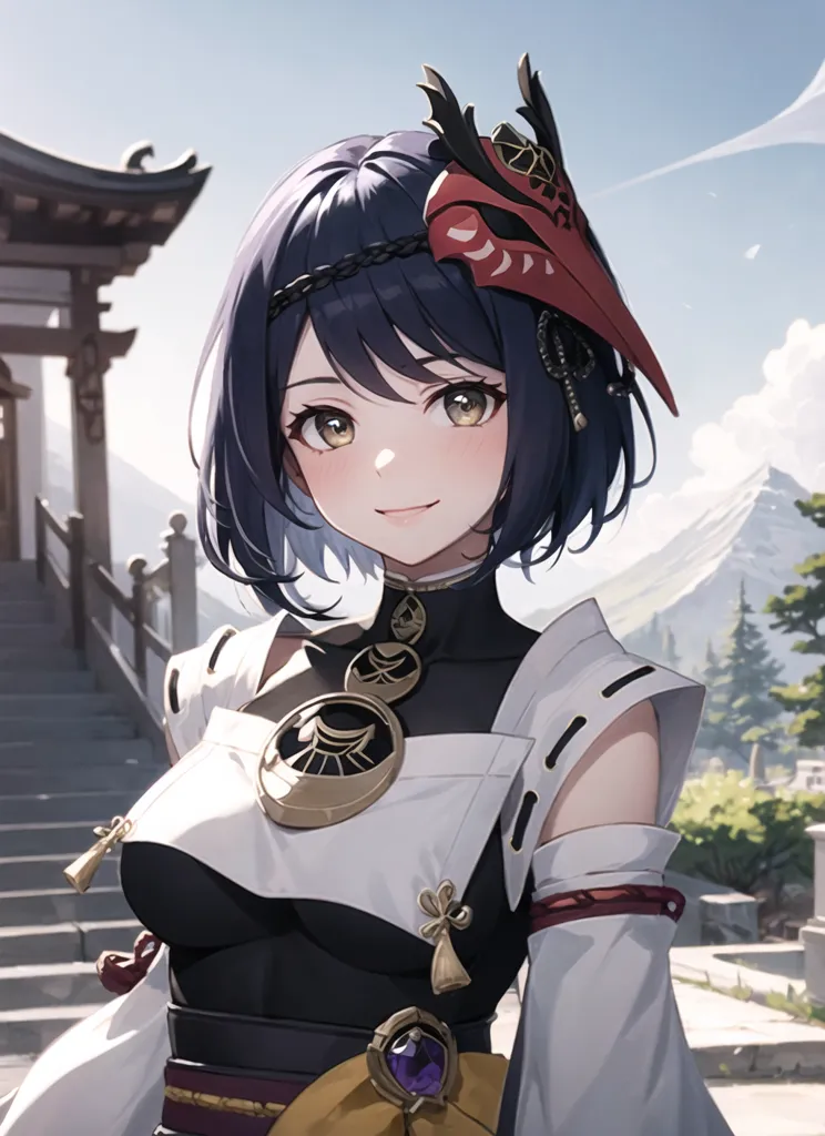 The image shows an anime-style girl with a friendly smile on her face. She has short dark blue hair and yellow eyes. She is wearing a black and white kimono with a red and gold necklace and a mask of a demon with red horns on her head. She is standing in a traditional Japanese-style building with a red gate and stone stairs leading up to it. There are trees and mountains in the background.