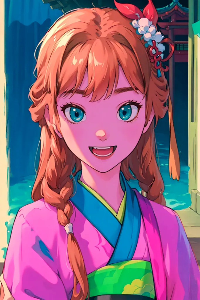 The image is a portrait of a young woman with long, orange hair and blue eyes. She is wearing a pink kimono with a green obi and has a red flower in her hair. She is standing in front of a blue background with a white lantern on the right side. The woman has a happy expression on her face and is looking at the viewer.