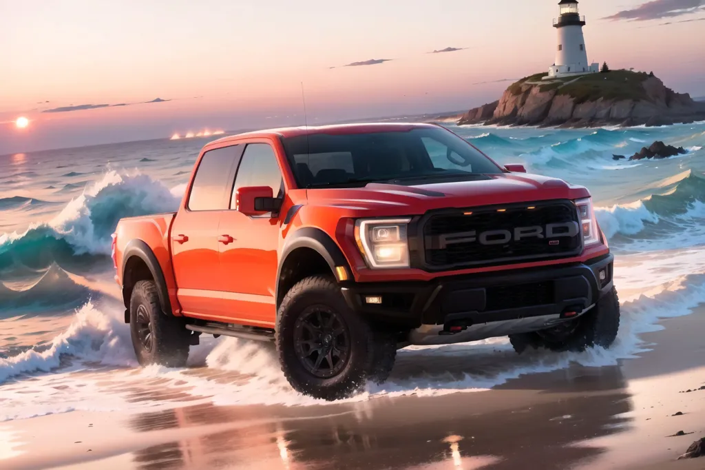 The image shows a red Ford F-150 Raptor pickup truck driving on the beach. The truck is driving through the surf and there is a lighthouse in the background. The truck is red and has black wheels. The sun is setting and the sky is orange. The truck is in focus and the background is blurred.