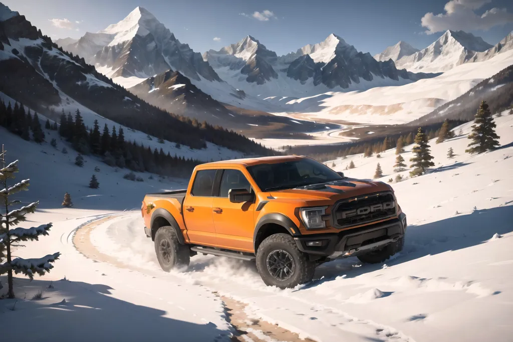 Un pick-up Ford F-150 Raptor orange vif roule sur une route enneigée dans les montagnes. Le camion est entouré de montagnes et d'arbres recouverts de neige. Le ciel est dégagé et le soleil brille. Le camion se déplace rapidement et la neige vole derrière lui.