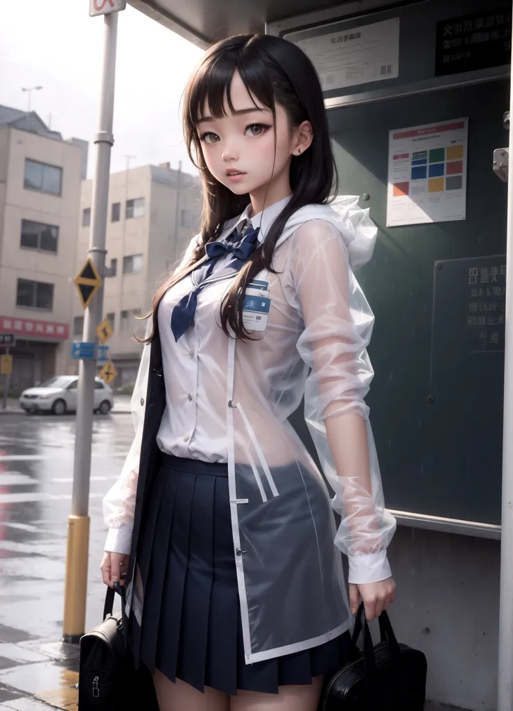 The image depicts a young girl standing in front of a bus stop shelter. She is wearing a white blouse, a gray skirt, a blue tie, and a clear raincoat. She is also carrying a black bag. The girl has long brown hair and brown eyes. She is looking at the camera with a slightly puzzled expression. The background of the image is a busy street with cars and buildings.