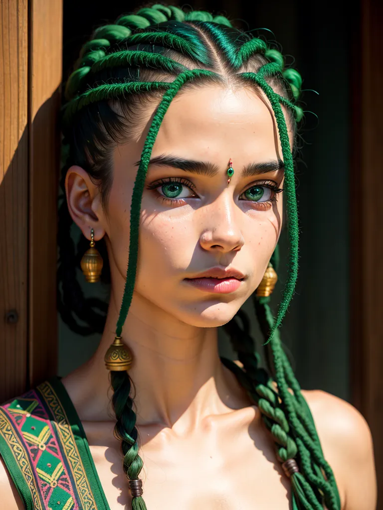 A imagem mostra uma mulher jovem com olhos verdes e cabelos escuros e longos. O cabelo está penteado em duas tranças que estão enroladas em torno da cabeça e decoradas com contas verdes. Ela está usando um vestido verde com uma camisola branca por baixo. O vestido tem um padrão laranja e vermelho na parte superior e uma saia branca. Ela também está usando um colar de ouro e brincos combinando. Há um bindi verde em sua testa. Ela tem uma expressão serena no rosto e está olhando para a câmera. O fundo está desfocado e parece uma porta de madeira antiga.