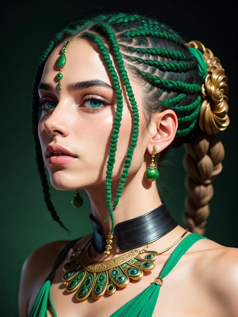 The image shows a young woman with green eyes and long green hair. She is wearing a green dress and a golden necklace. Her hair is braided and wrapped around her head. She is also wearing golden earrings. The background is dark green.