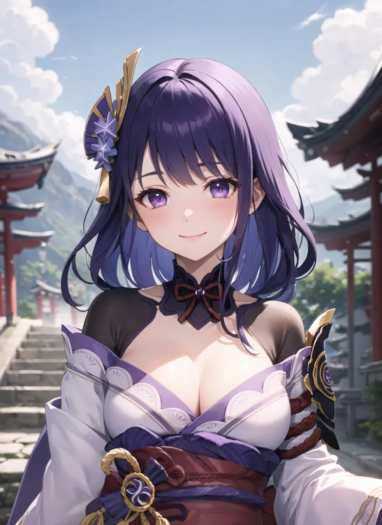 The image is of a young woman with purple hair and purple eyes. She is wearing a white and purple kimono with a large purple bow on her chest. She is standing in a Japanese-style garden with a mountain in the background. The sky is blue and there are some clouds in the sky. The woman has a gentle smile on her face.