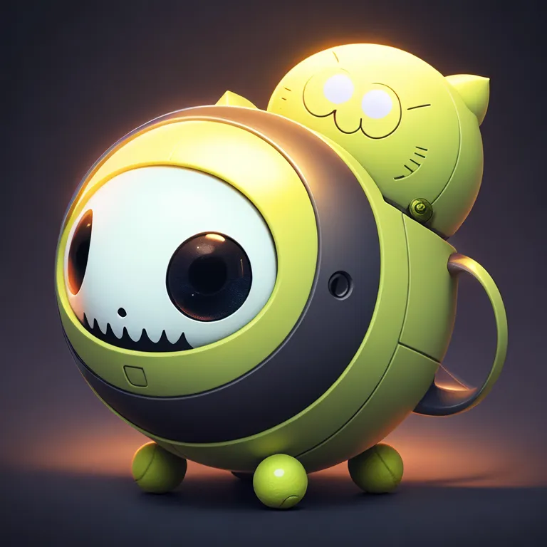 The image shows a cute robot that looks like a yellow ball with a skull face. It has cat ears and a cat is sitting on its back. The robot has four ball-shaped legs and a handle on its back. It is lit from below by a warm light. The background is dark.