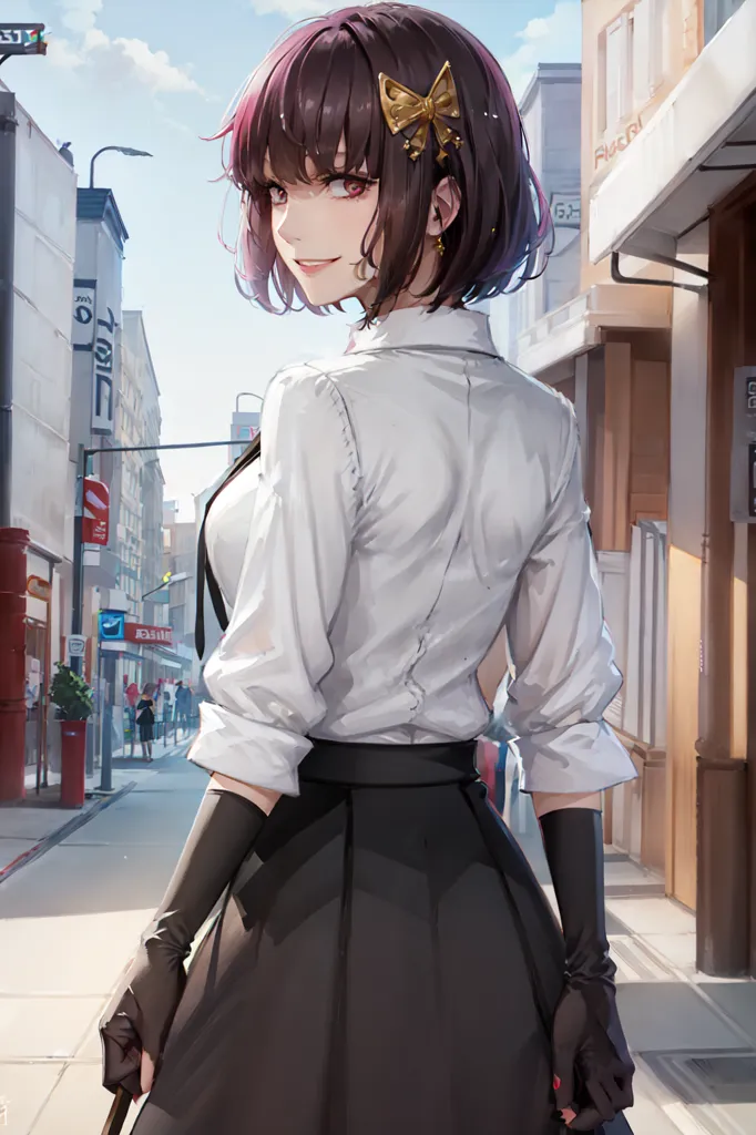 The image shows a young woman with purple hair and red eyes. She is wearing a white shirt, black gloves, and a black skirt. She has a brown belt around her waist and a black bow in her hair. She is standing in an alleyway, and there are buildings on either side of her. The sky is blue, and there are clouds in the distance.