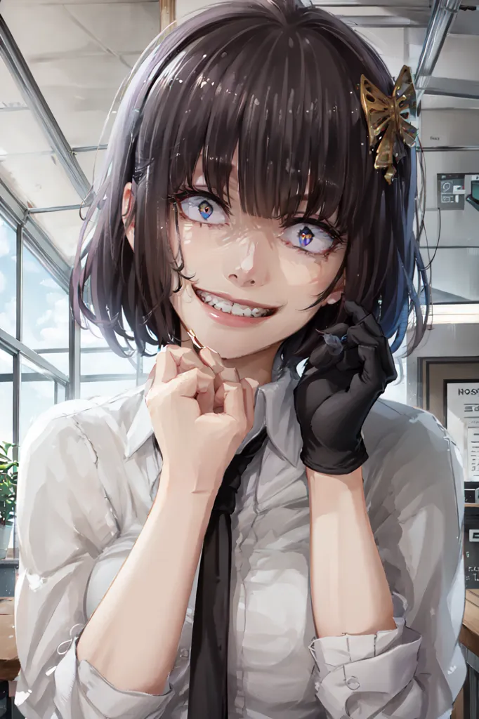 The image is a digital painting of a young woman with short black hair and purple eyes. She is wearing a white shirt and black gloves. The woman has a butterfly hairpin on her right side of her head. She has a creepy smile on her face and is looking at the viewer with her hands on her chest. The background is a blurred image of a city.