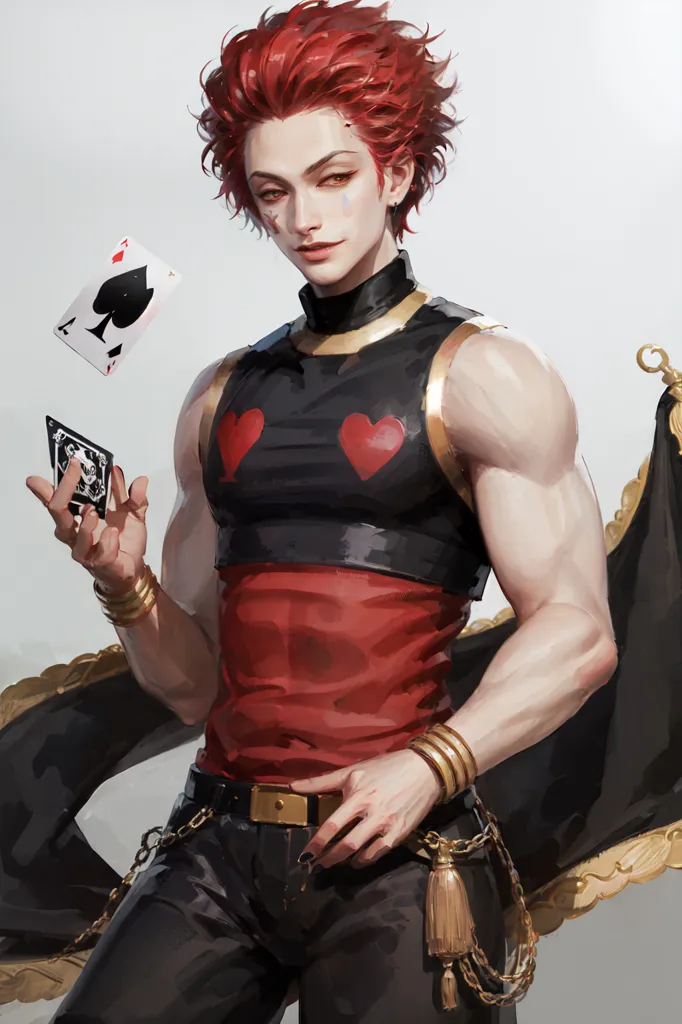 The picture shows a young man with bright red hair and green eyes. He is dressed in a black and red outfit. On the black vest, there are two red heart-shaped badges. He is wearing several golden bracelets on his right arm. There is a playing card in his right hand, and there is another card floating in the air to his left. Behind him, there is a luxurious red curtain with golden decorations.