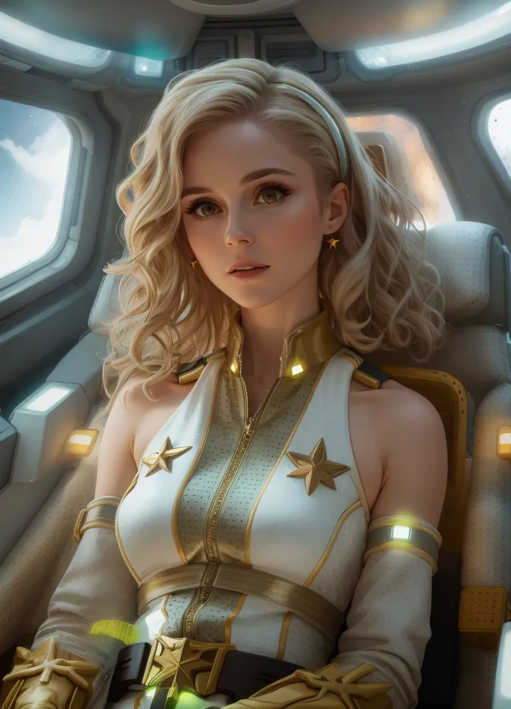 The image shows a young woman with blond hair and green eyes. She is wearing a white and gold jumpsuit with a high collar and a gold belt. She is also wearing a pair of gold earrings and a gold bracelet on her right wrist. She is sitting in a chair with her hands resting on her lap. The background is a spaceship with a large window.