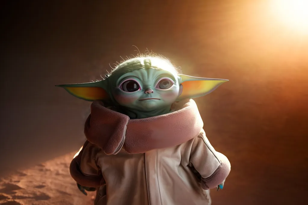 The image shows a computer-generated character named Grogu, also known as The Child, from the Star Wars series The Mandalorian. Grogu is a young alien of the same species as Yoda, with green skin, large ears, and a wrinkled face. He is wearing a tan coat with a pink collar and has a sad expression on his face. He is standing in a dimly lit room with a spotlight shining down on him.