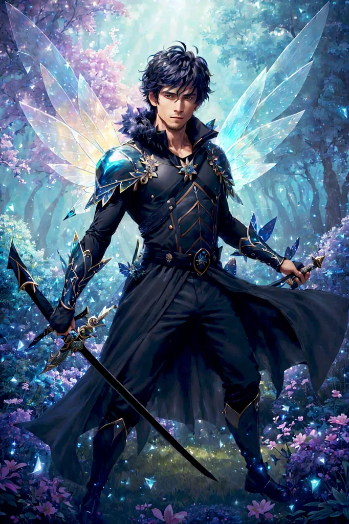 The image is of a man with dark blue hair and blue eyes. He is wearing a black jacket with blue and silver trim, and he has a sword in his right hand. He also has a pair of blue and silver wings, and he is standing in a forest with blue flowers.