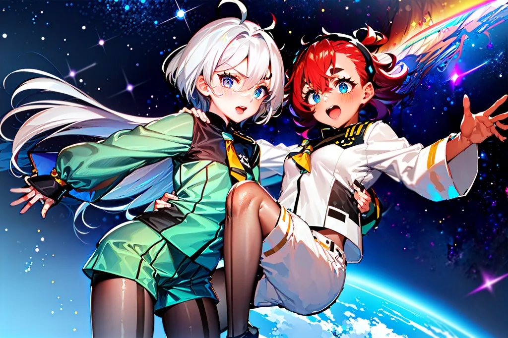 Esta es una imagen de dos chicas anime en el espacio. La chica de la izquierda tiene el cabello largo y blanco, y lleva una chaqueta verde. La chica de la derecha tiene el cabello rojo y lleva una camisa blanca. Ambas están sonriendo y tienen los brazos extendidos. En el fondo, hay un planeta azul con una luna creciente.