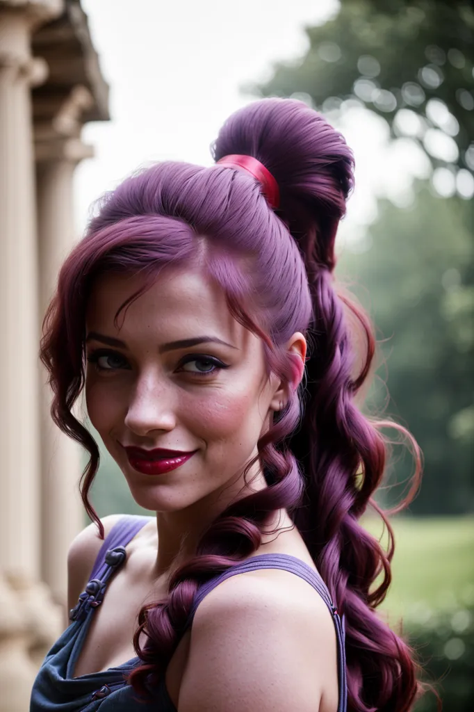 The picture shows a young woman with long purple hair styled in a high ponytail. She is wearing a sleeveless purple dress with a sweetheart neckline. The woman has a confident smile on her face and is looking at the camera. She is standing in front of a blurred background of trees.