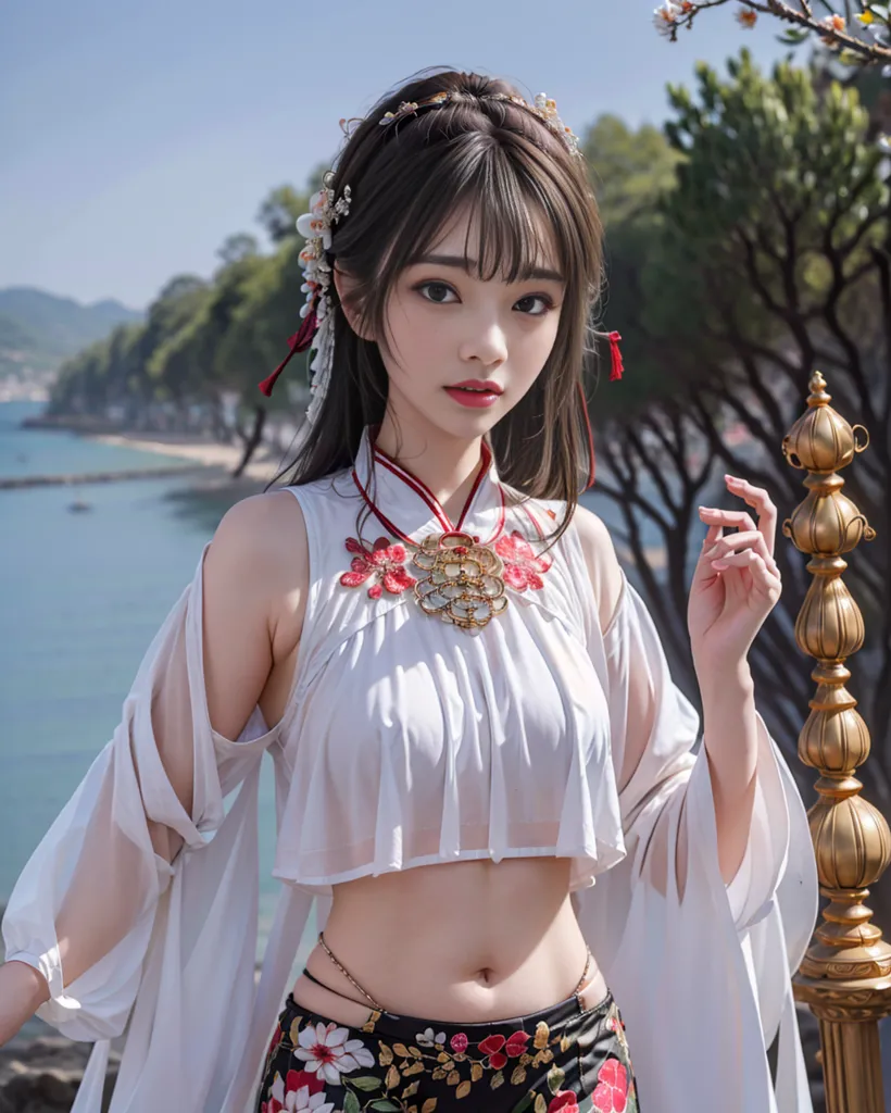 The image shows a young woman standing on a balcony, with a bright smile on her face. She is wearing a white crop top with red and pink floral embroidery, and a long black skirt with a floral pattern. Her hair is long and black, and she is wearing a red and pink flower hairpiece. She is also wearing a gold necklace and bracelet. In the background, there is a large tree and a body of water.