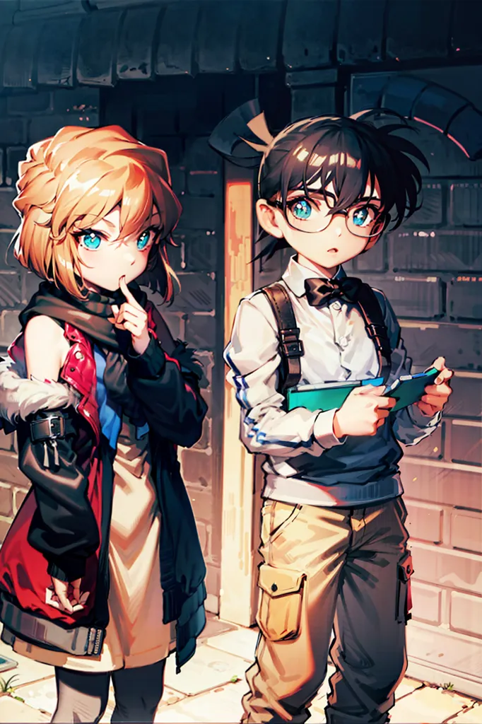 The image shows a boy and a girl standing in front of a brick wall. The boy is wearing a blue shirt, brown pants, and a bow tie. He has short black hair and blue eyes. He is holding a tablet. The girl is wearing a white shirt, red jacket, and a yellow skirt. She has long blonde hair and blue eyes. She is holding a gun and has her finger up to her lips to signal the boy to be