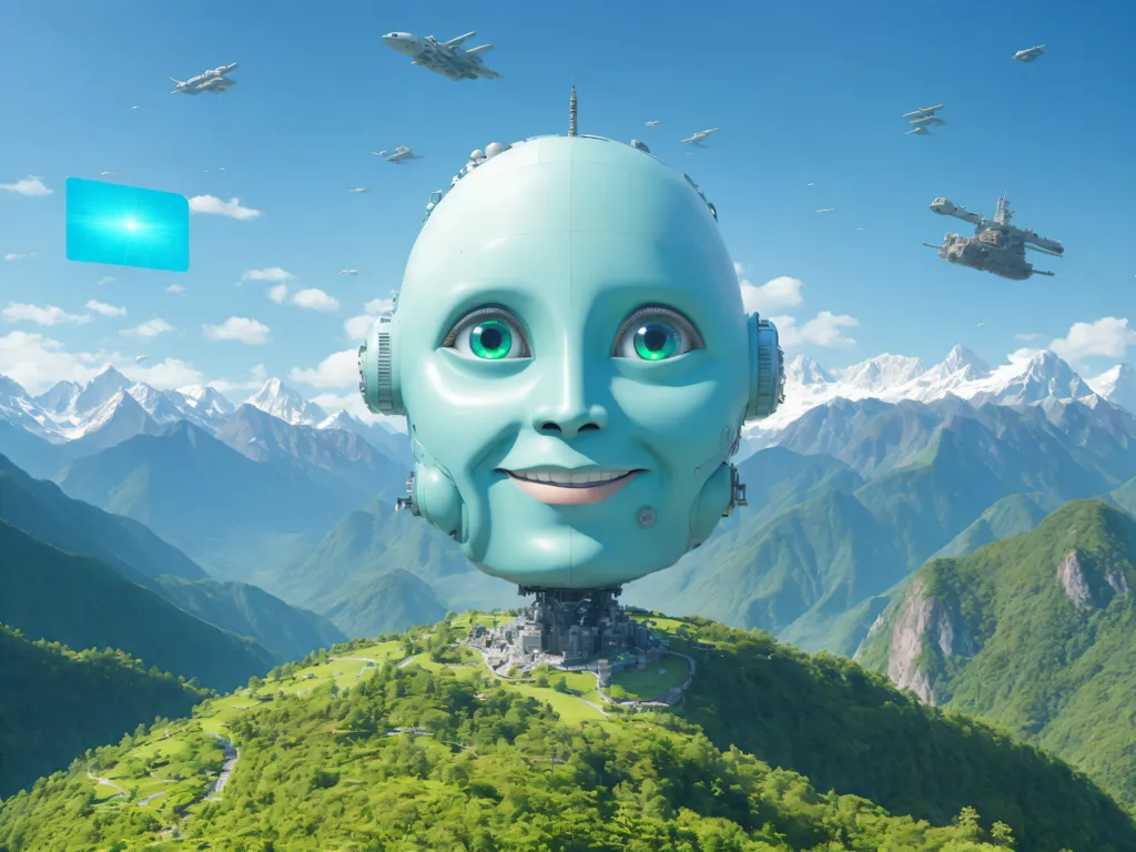 The image shows a green robot head with a female face. It is smiling and has green eyes. The head is set in a mountainous landscape with snow-capped mountains in the background. There are several aircraft flying in the sky above the robot head.