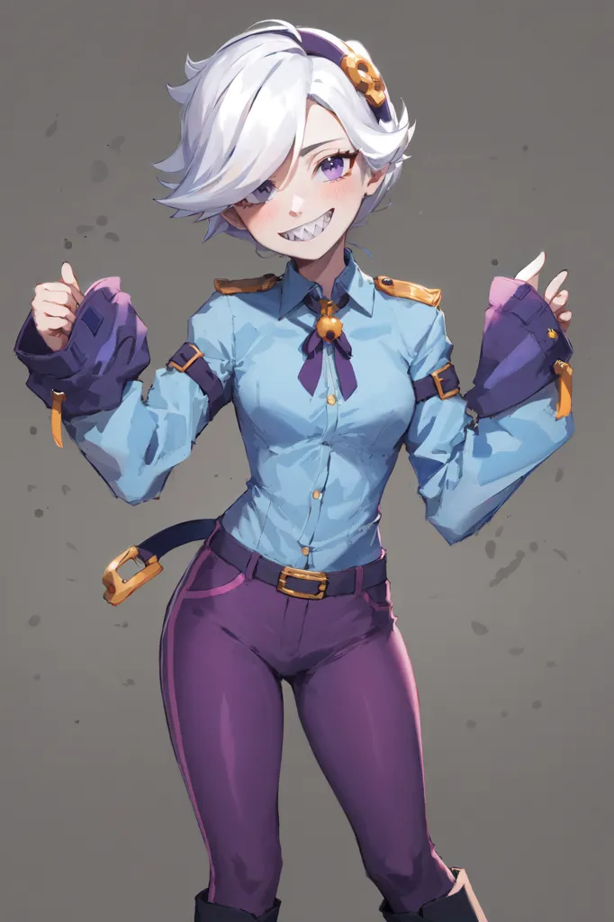 The image is of a young woman with white hair and purple eyes. She is wearing a blue shirt, purple pants, and brown boots. She has a skull-shaped hair clip in her hair and a purple bow tie around her neck. She is smiling and has her hands raised in the air. She is standing in front of a grey background.