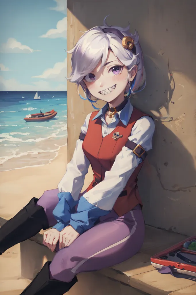 This image shows an anime-style illustration of a young girl sitting on a ledge by the beach. She has white hair that is cut short and styled in a bob with bangs, and her eyes are a light purple color. She is wearing a red vest with a white button-down shirt and purple pants. She also has a brown belt with a gold buckle and a gold necklace with a skull-shaped pendant. She is sitting with her legs crossed and has a small smile on her face. In the background, there is a beach with the ocean and a boat on it. The sky is blue and there are white clouds in the sky.