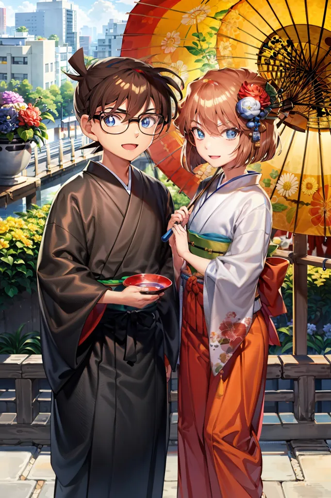 The image shows a man and a woman, both dressed in traditional Japanese clothing, standing on a bridge. The man is wearing a black kimono with a white haori and the woman is wearing a white kimono with an orange hakama. The man is holding a cup in his right hand and the woman is holding a yellow umbrella in her right hand. There are flowers and plants on both sides of the bridge and buildings in the background. The image has a warm and happy atmosphere.