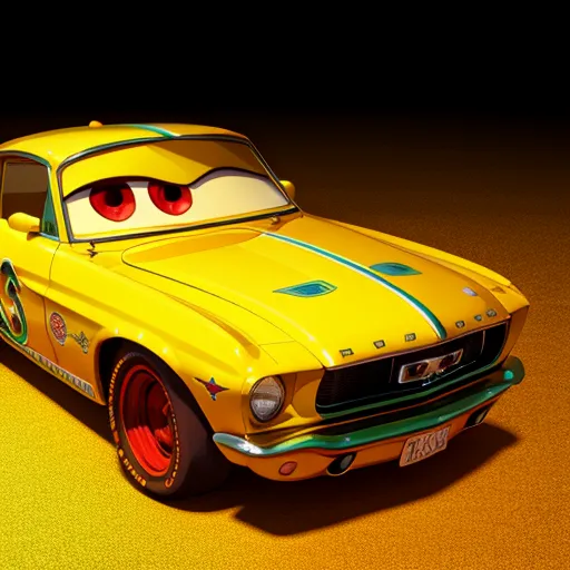 The image shows a yellow cartoon car. It has big red eyes and a mouth. It is a 1960s Ford Mustang. The car has a green stripe on each side and a big green stripe on the hood. The car has red rims and white-wall tires. The car is sitting on a yellow surface. The background is black.