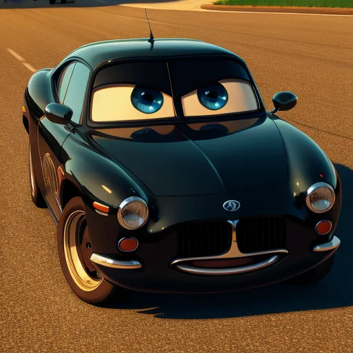 Esta é uma imagem gerada por computador de um carro. O carro é preto e tem olhos azuis. É um personagem de desenho animado do filme Carros. O seu nome é Finn McMissile.