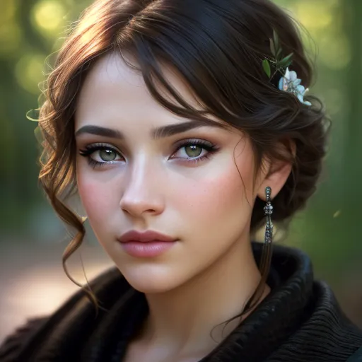 A imagem mostra uma jovem mulher com cabelos castanhos longos e olhos verdes. Ela está usando um vestido verde escuro com um colarinho branco. Seu cabelo está preso em um coque e ela está usando uma pequena flor branca no cabelo. Ela tem uma expressão serena no rosto e está olhando para o observador com a cabeça ligeiramente inclinada para baixo em um ângulo.