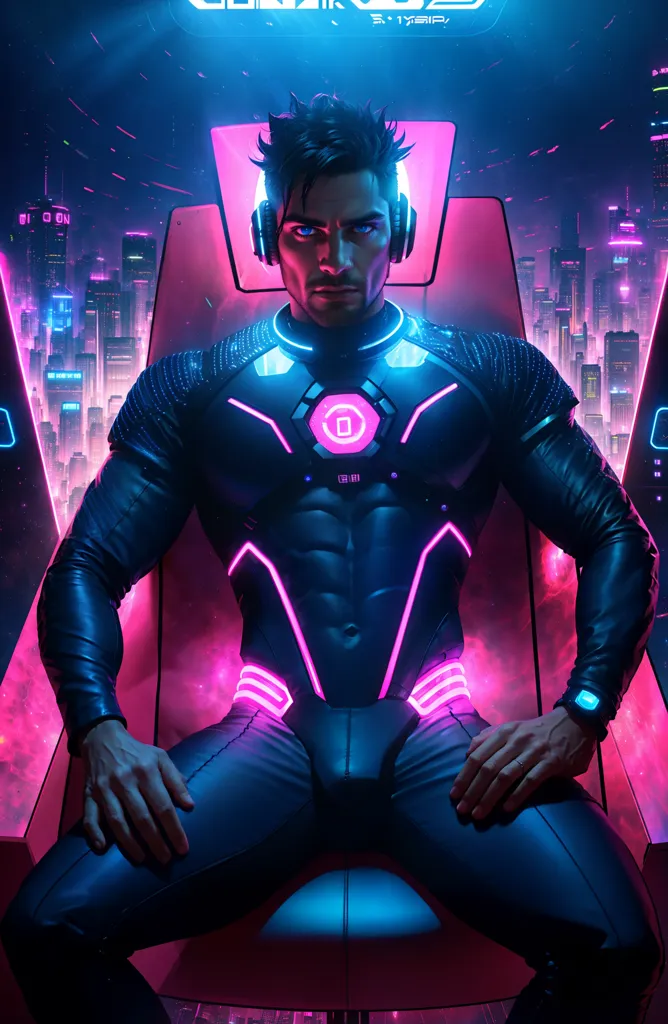 Esta é uma imagem de um homem sentado em uma cadeira em frente a uma cidade futurista. O homem está usando um terno preto e azul com luzes rosas nele. Ele também está usando fones de ouvido. A cadeira em que ele está sentado é rosa e preta. A cidade ao fundo é azul e roxa. Há também algumas estrelas no céu.